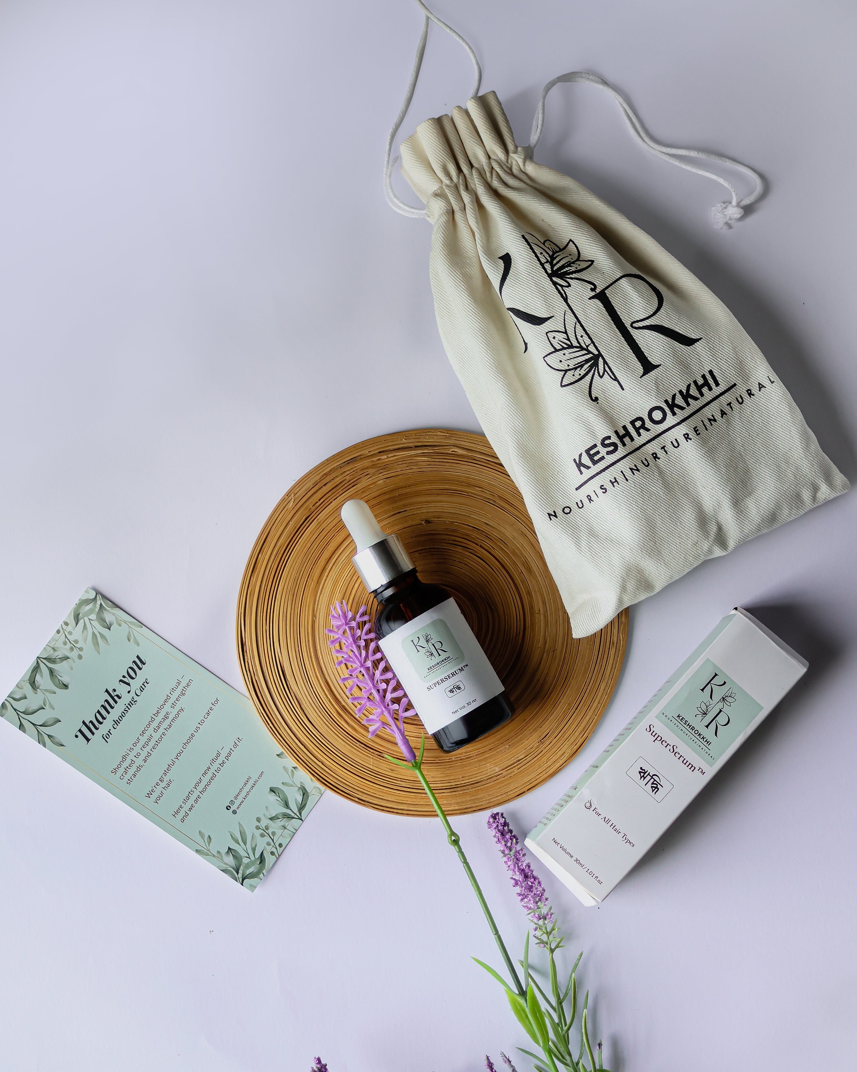 Keshrokkhi Hriddhi SuperSerum with packaging box, thank you card, and cotton pouch- premium anti hair fall oil with 12 oils in one. 