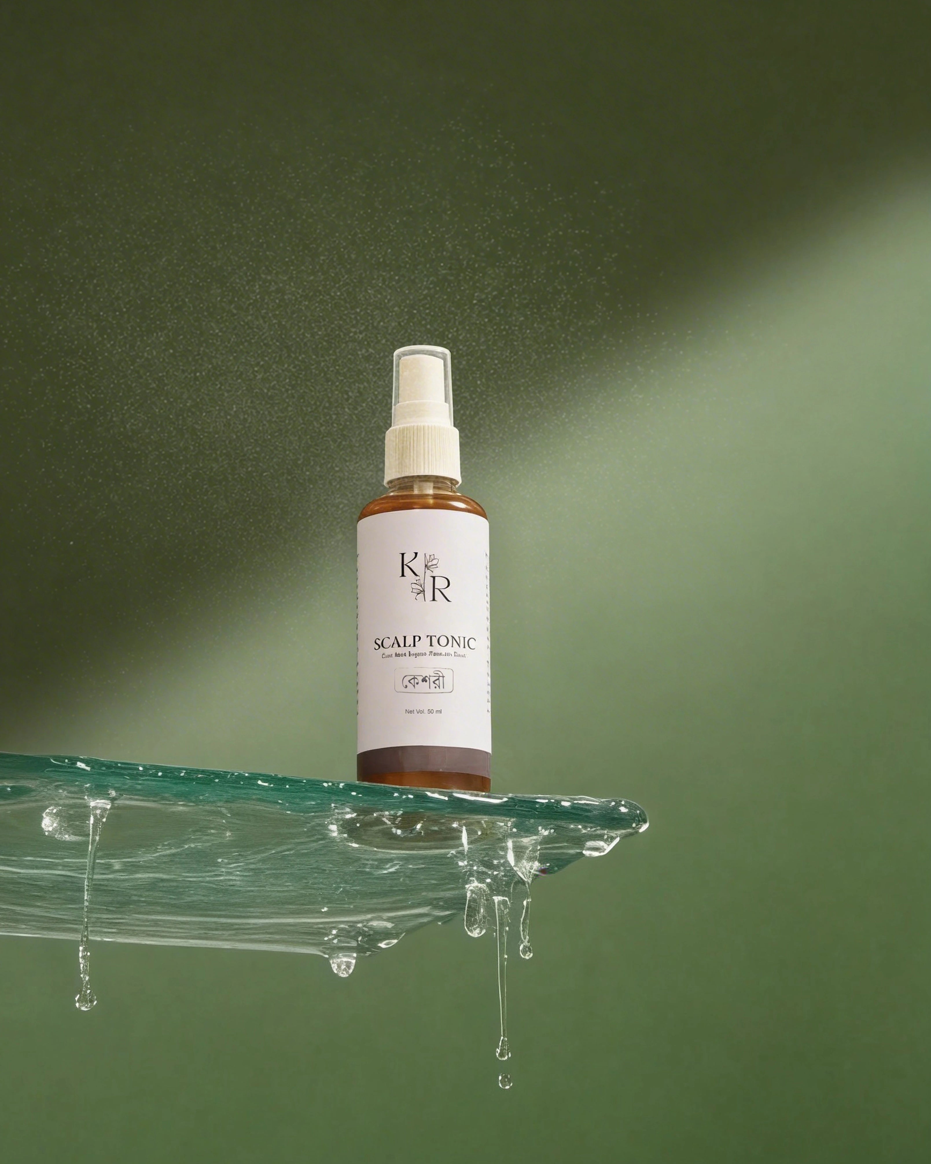 Bottle of Keshori Scalp Tonic on a glass shelf with a green gradient background