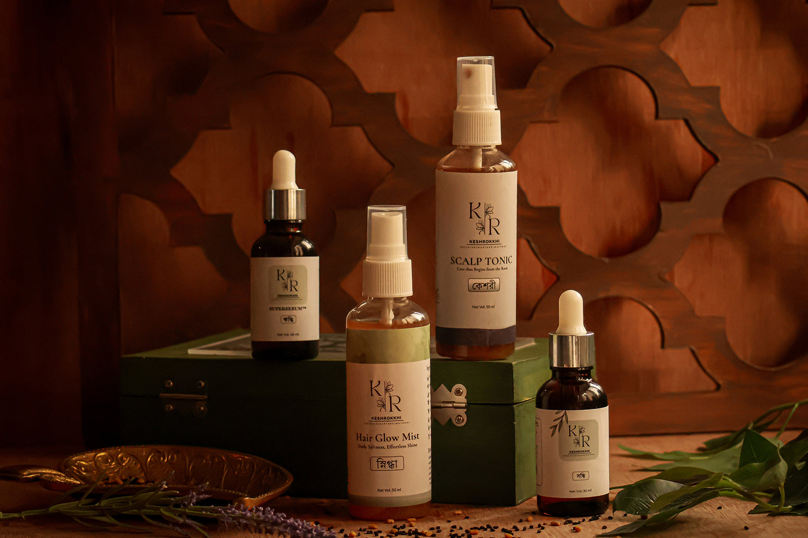 KeshRokkhi natural hair care collection featuring Hriddhi SuperSerum, Shondhi Hair Serum, Scalp Tonic and Hair Glow Mist for healthy roots and shiny hair in Bangladesh.