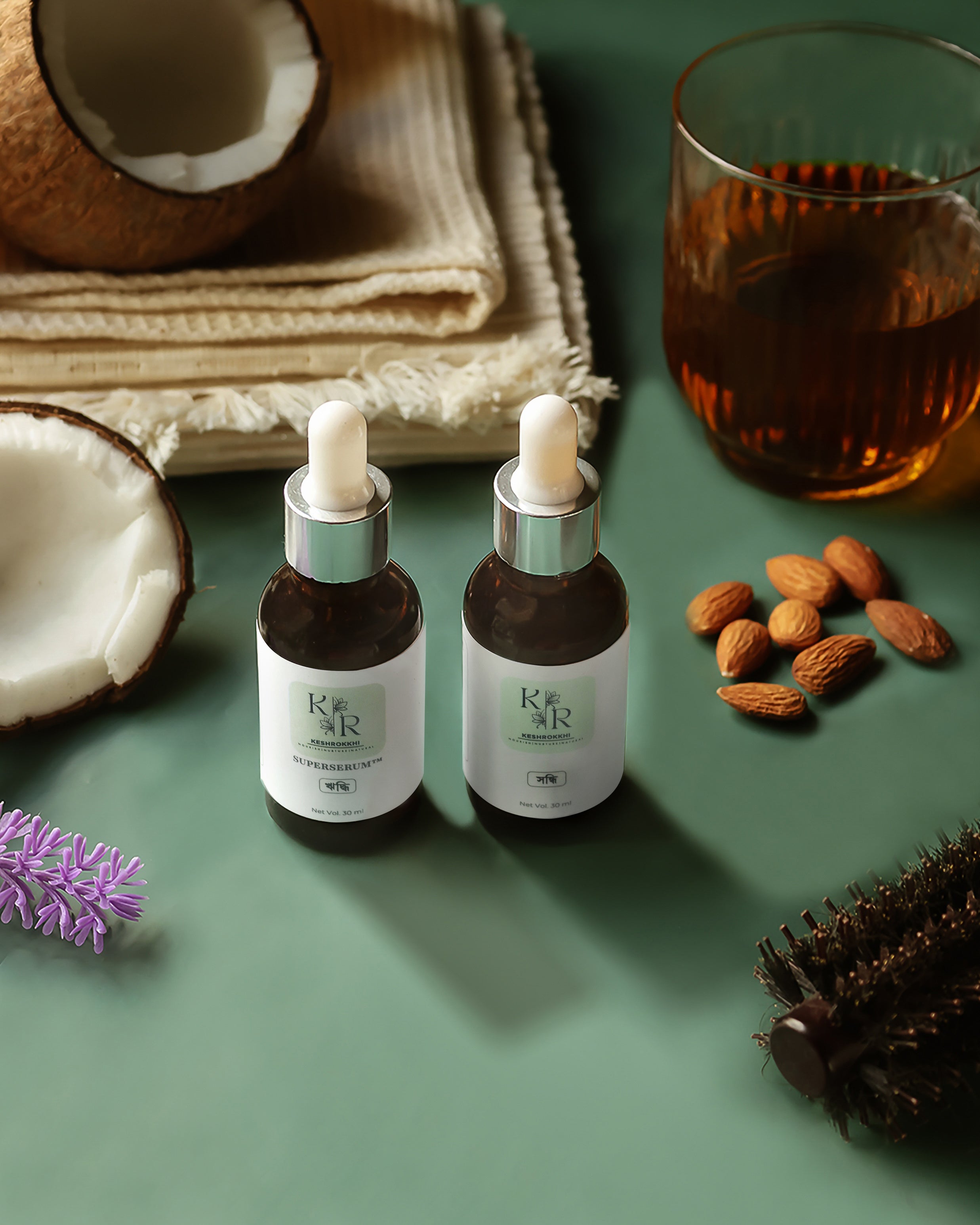 Keshrokkhi Natural hair oild- Hriddhi superserum and Shondhi nourishing serum with almond and coconut oils for hair growth and shine- organic haircare products in Dhaka, Bangladesh